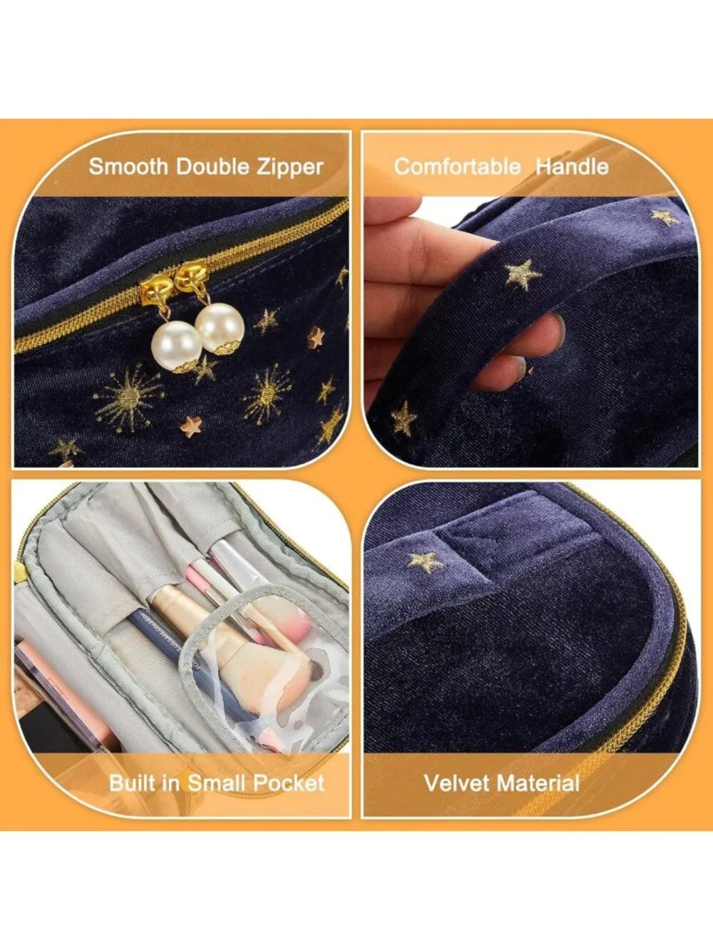 2 Pcs Velvet Cosmetic Bags - Moon & Stars Embroidered Travel Pouches for Women